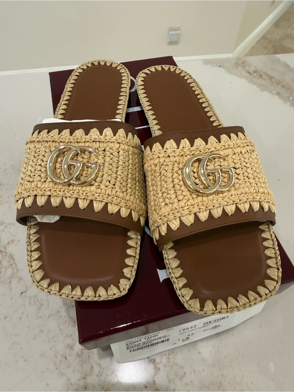 Gucci Brown and Natural Raffia Slide Sandals with Gold Double G